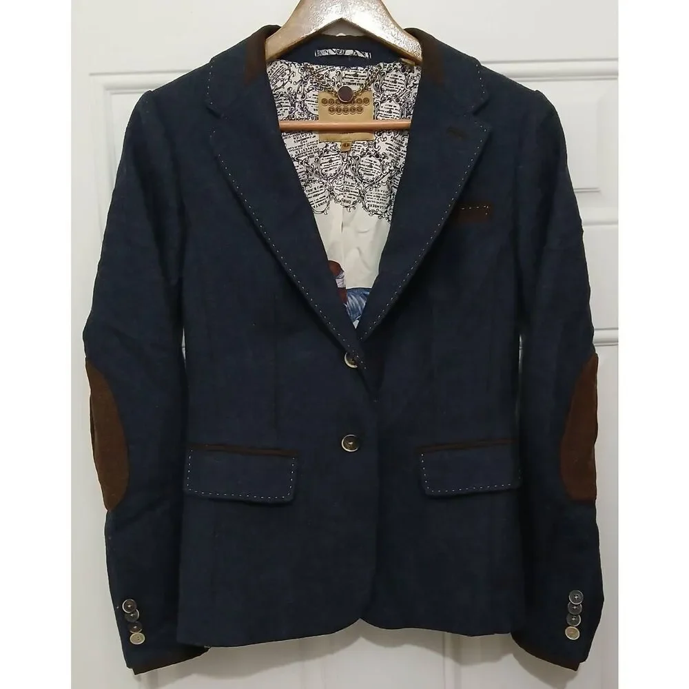 Ted baker womens US size 4 blazer blue 100% wool brown elbow patchwork - Picture 2 of 9
